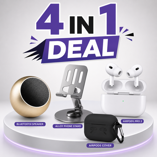 4 in 1 Tech Deal – Airpods Pro 2 Buzzer Edition + Silicone Cover + Mini Bluetooth Speaker + Alloy Mobile Stand